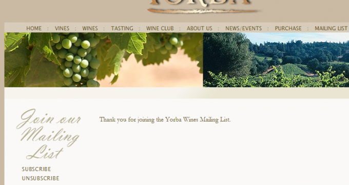 Yorba Wines - Subscribe Success